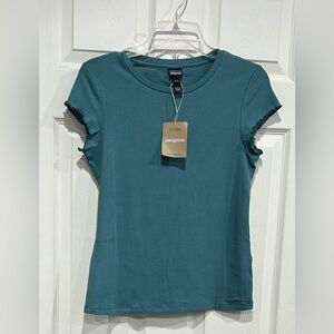 Patagonia Women's Small Rib Knit Top Wetland Blue NWT Slim Fit Cap Sleeves